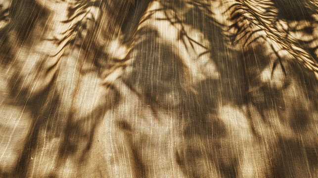 Warm sunlight casting intricate tree and leaf shadows on a richly textured, beige fabric background, creating a natural and abstract pattern perfect for artistic and design backgrounds