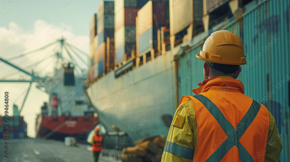 Poster close-up of a cargo port worker coordinating with dockworkers to position cargo containers on the lo