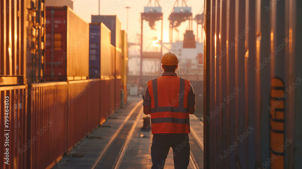 Poster close-up of a cargo port worker inspecting cargo containers for cleanliness and suitability for tran