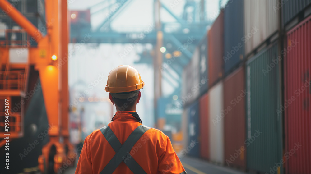 Poster close-up of a cargo port worker inspecting cargo containers for cleanliness and suitability for tran
