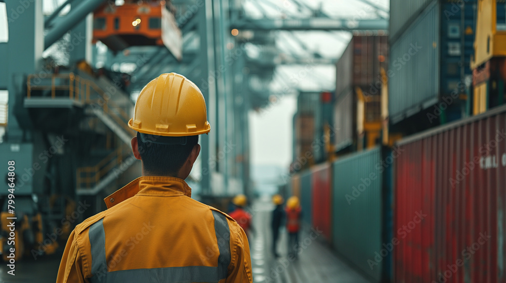Aufkleber close-up of a cargo port worker coordinating with dockworkers to position cargo containers on the lo