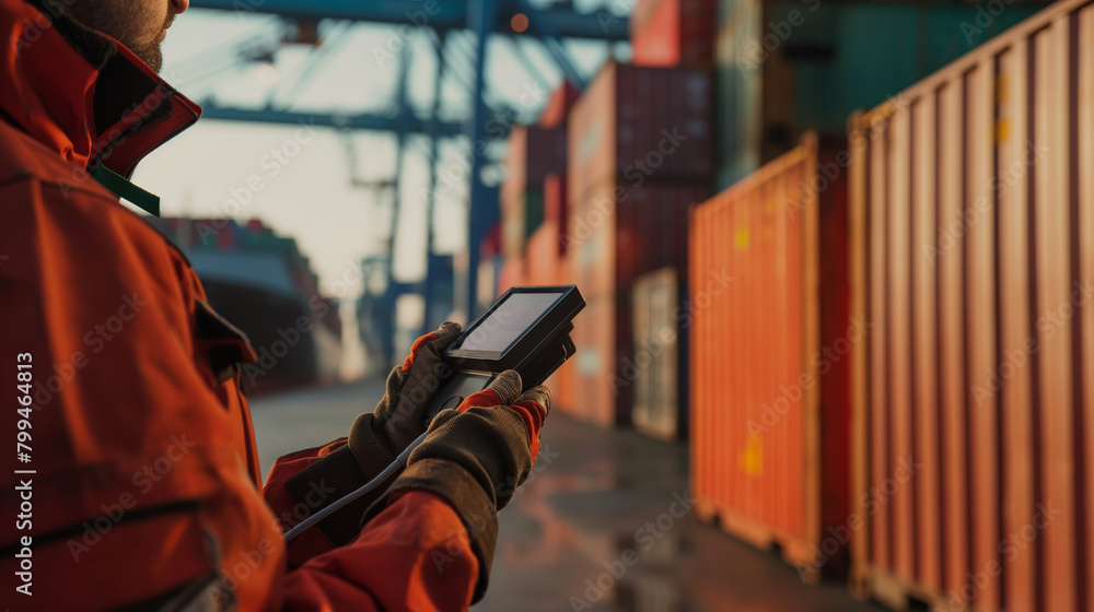 Poster close-up of a cargo port worker using a handheld scanner to verify the contents of cargo containers 