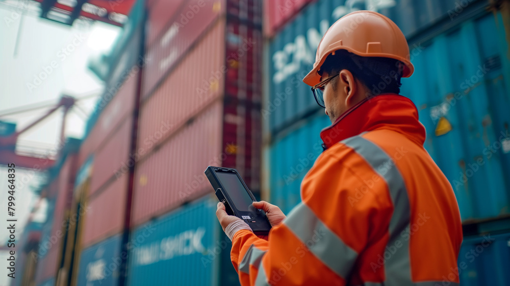 Poster close-up of a cargo port worker using a handheld scanner to verify the contents of cargo containers 