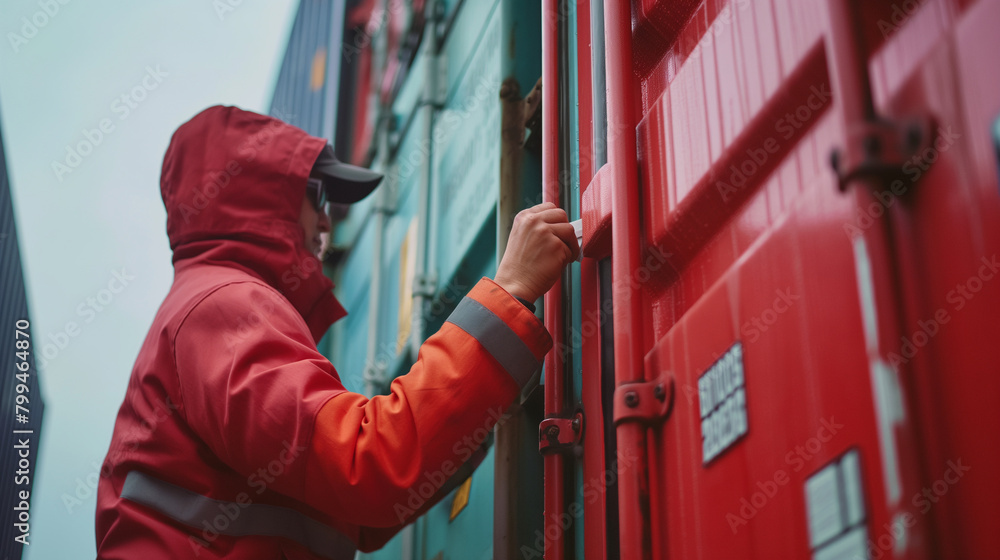 Aufkleber close-up of a cargo port worker affixing rfid tags to cargo containers before loading them onto a sh