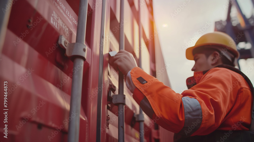 Poster close-up of a cargo port worker affixing rfid tags to cargo containers before loading them onto a sh