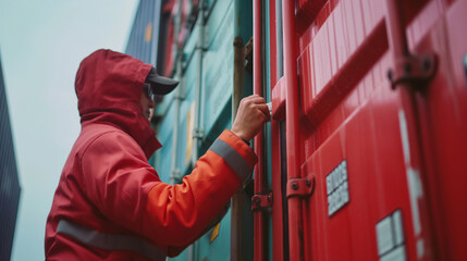 Close-up of a cargo port worker affixing RFID tags to cargo containers before loading them onto a ship, the technology enabling automated tracking and monitoring of shipments durin