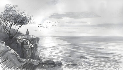 Delicate pencil sketch of a couple watching the sunset from a cliff overlooking the oceanar74v60 Generative AI