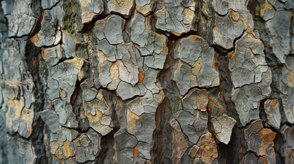 Detailed close-up image of tree bark showing intricate textures and patterns. The crackled surface captures the natural essence of a tree's protective skin in its environment - obrazy, fototapety, plakaty