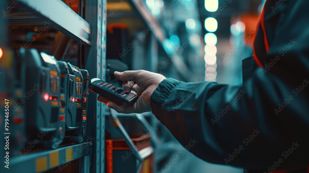 Poster close-up of a cargo warehouse worker using a handheld scanner to update inventory records as automot