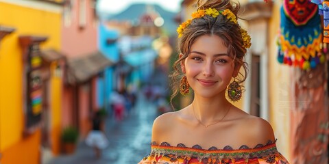 Portrait of a Mexican woman with colorful traditional costume