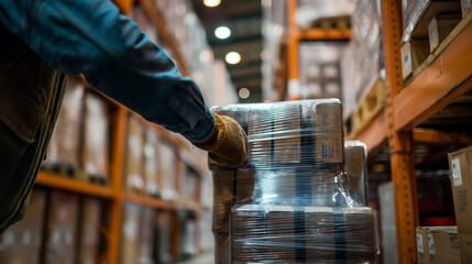 Close-up of a cargo warehouse worker stacking boxes of automotive lubricants onto pallets for delivery to service centers, the careful stacking ensuring efficient use of space in t - obrazy, fototapety, plakaty