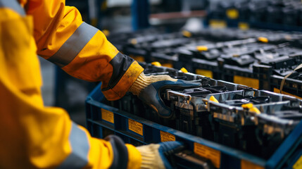 Close-up of a cargo warehouse worker securing car batteries onto racks for transport to automotive retailers, the sturdy fastening ensuring the safe transportation of hazardous goo