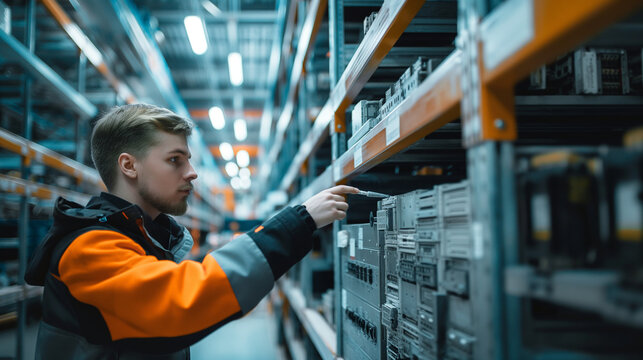 Close-up of a cargo warehouse worker inspecting a shipment of automotive electronics before loading them onto a delivery van, the meticulous checks ensuring the functionality and i