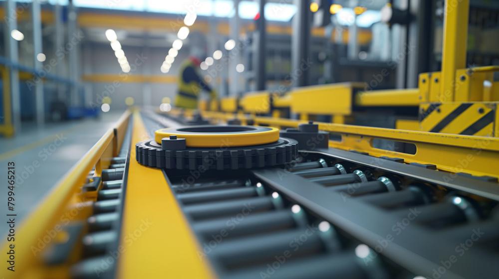 Poster close-up of a cargo warehouse worker using a conveyor belt to move automotive parts to the loading a