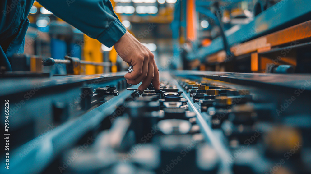 Aufkleber close-up of a cargo warehouse worker using a conveyor belt to move automotive parts to the loading a