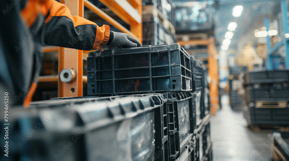 Poster close-up of a cargo warehouse worker stacking crates of automotive components onto pallets for distr