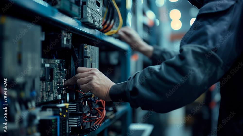 Poster close-up of a cargo warehouse worker inspecting a batch of automotive electronics before loading the
