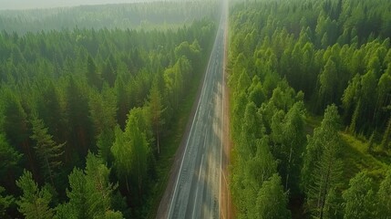 Aerial view of scenic road between green trees with pines on a sunny summer morning. Nature landscape in Siberia, Russia. A road passing through a coniferous forest, aerial shot from a drone