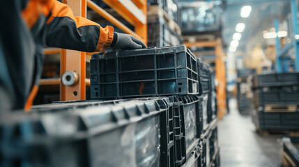 Close-up of a cargo warehouse worker stacking crates of automotive components onto pallets for distribution, the precise stacking ensuring stability and safety during road transpor