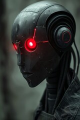 Fototapeta premium A close up of a robot with red glowing eyes, AI
