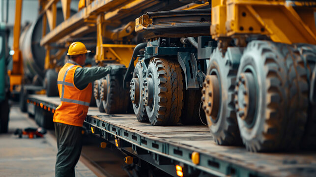 Close-up of a cargo warehouse worker using a crane to lift heavy automotive chassis onto a flatbed trailer for delivery to manufacturing plants, the heavy-duty equipment facilitati
