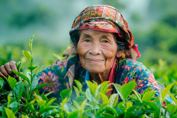 Elderly smiling woman harvesting tea leaves in tea plantation, close-up, copy space, looking at camera