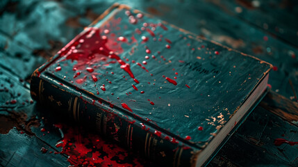 Crime or horror book novel with blood in the background