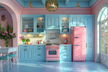 A retro-style kitchen decorated with pastel colors and chrome accents, capturing the aesthetic of...