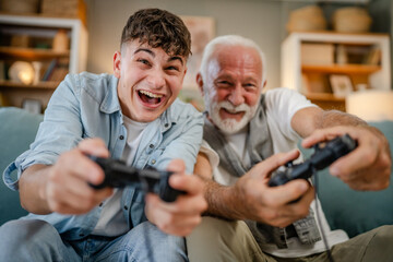 teenager male and his grandfather senior man play console video game