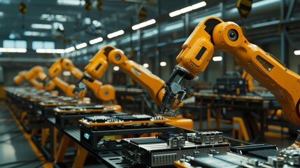 Precision Automation Robotic Arms Assembling Electronics with Expertise in Modern Factory Setting