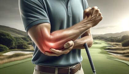 Man clutching elbow in pain during a golf match, with a visual red flare indicating discomfort