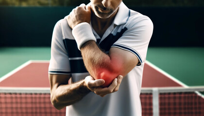 Man clutching elbow in pain during a tennis match, with a visual red flare indicating discomfort.
