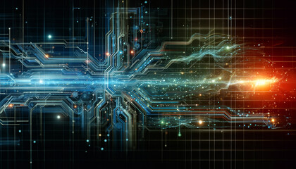 Abstract digital landscape with dynamic waves of particles and light, vivid blue and orange hues on a dark background.