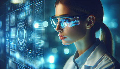 R&D centre image with portrait of engineers wearing protection glasses researching new energy sources and tech