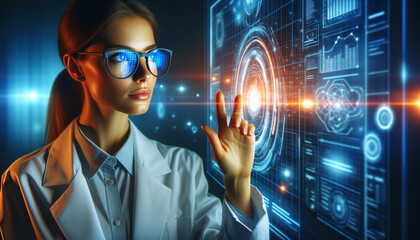 R&D centre image with portrait of engineers wearing protection glasses researching new energy sources and tech