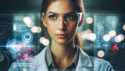 R&D centre image with portrait of engineers wearing protection glasses researching new energy sources and tech