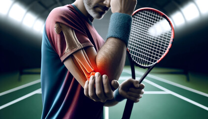 Man clutching elbow in pain during a tennis match, with a visual red flare indicating discomfort.