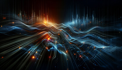 Abstract digital landscape with dynamic waves of particles and light, vivid blue and orange hues on a dark background.