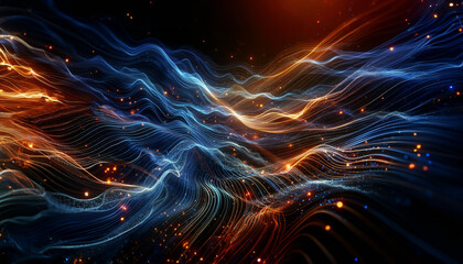 Abstract digital landscape with dynamic waves of particles and light, vivid blue and orange hues on a dark background.