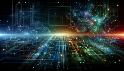 Abstract digital landscape with dynamic waves of particles and light, vivid blue and orange hues on a dark background.