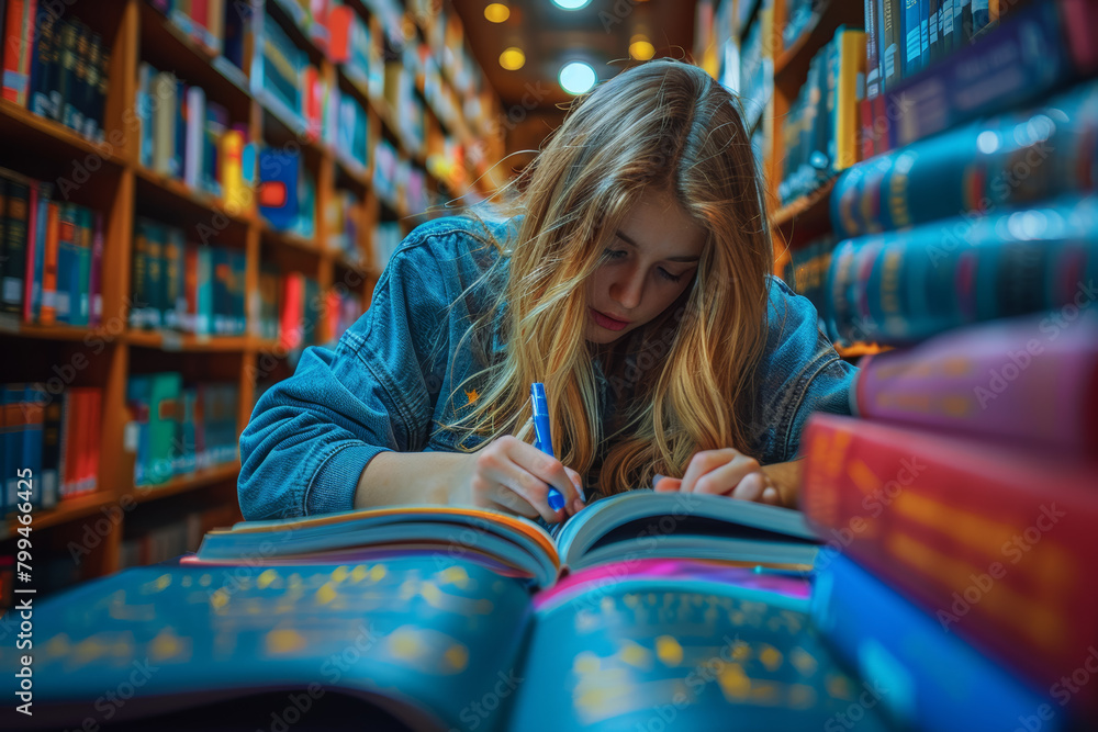 Poster a student flipping through textbooks and taking notes, illustrating the dedication and diligence req