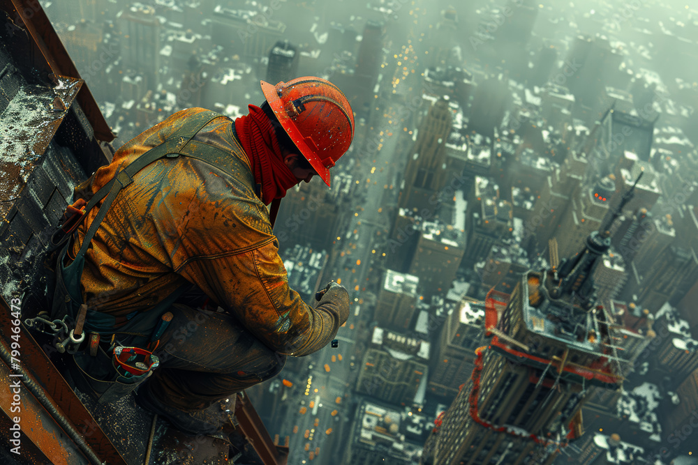 Poster A construction worker laying bricks on a skyscraper, demonstrating the incremental progress and construction of a monumental project. Concept of professional advancement. Generative Ai.