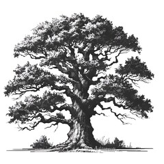 monochrome illustration of the oak tree on a white background - obrazy, fototapety, plakaty