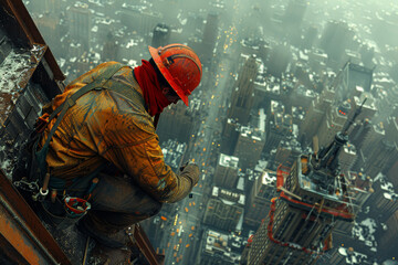 A construction worker laying bricks on a skyscraper, demonstrating the incremental progress and construction of a monumental project. Concept of professional advancement. Generative Ai.