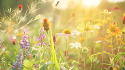 Serene meadow basks in the warm glow of the golden hour, with vibrant wildflowers in full bloom and delicate insects fluttering amidst the sunlit flora - obrazy, fototapety, plakaty
