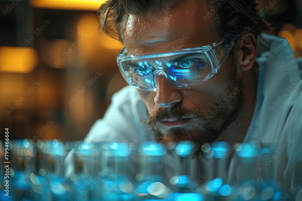 Poster a scientist conducting experiments in a laboratory, pushing the boundaries of knowledge and discover