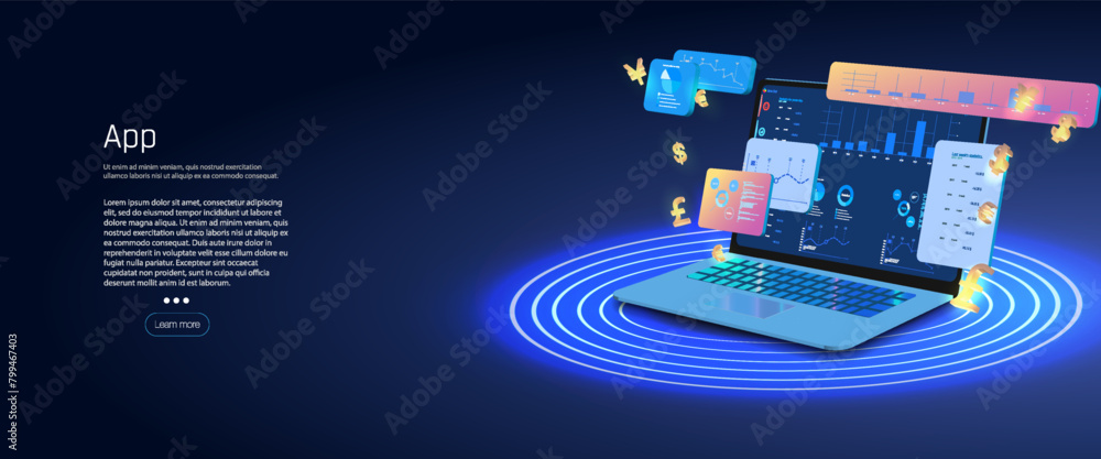 Poster futuristic laptop with floating digital interface elements