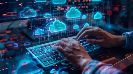 Fototapeta premium Cloud Computing Expert Scaling SEO Solutions with Transparent Keyboard and Optimized Architectures
