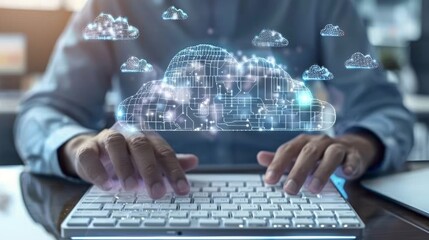 Fototapeta premium Cloud Computing Expert Scaling SEO Solutions with Transparent Keyboard and Optimized Architectures