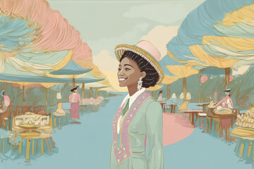 Fototapeta premium Photograph subjects in retro clothing and hairstyles against a backdrop of vintage props